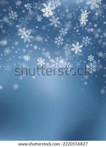 Beautiful flying snowflakes composition. Snowfall dust crystallic particles. Snowfall sky white teal blue pattern. Vibrant snowflakes december theme. Snow cold season scenery.