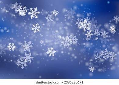 Hermosa composición de copos de nieve voladores. Las formas de congelación de polvo de invierno. El clima de nieve con fondo azul blanco. Los copos de nieve brillan en diciembre. Escenario de huracanes de nieve.