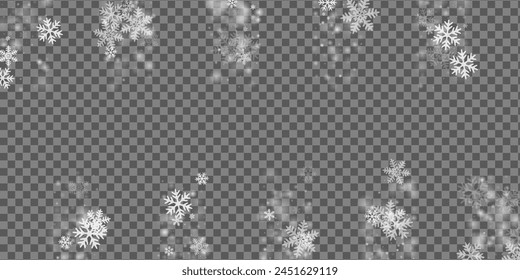 Beautiful flying snowflakes composition. Winter speck ice elements. Snowfall sky white transparent wallpaper. Shimmering snowflakes february theme. Snow nature landscape.