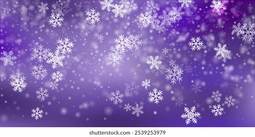 Papel de parede flocos de neve voador bonito. Elementos de congelamento de tempo de inverno. Design branco roxo do céu de queda de neve. Textura de flocos de neve desfocados em dezembro. Paisagem de furacão de neve.