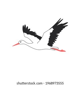 Beautiful Flying Stork Bird Vector Illustration. For Print, Logo, Icon.