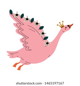 Beautiful Flying Swan Princess with Golden Crown and Wings Decorated with Flowers, Lovely Pink Fairytale Bird Queen Vector Illustration