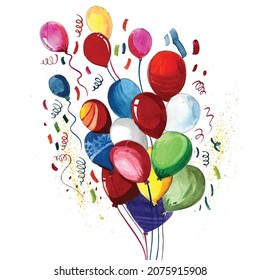 Beautiful flying watercolor colorful balloons background