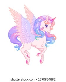 Beautiful flying winged unicorn. Vector illustration isolated on white background.