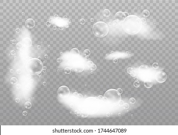 Beautiful foam and bubbles on a transparent background. Vector shave, foam mousse with bubbles top view template for your advertising design.