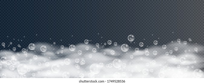 Beautiful foam and bubbles on a transparent background. Vector shave, foam mousse with bubbles top view template for your advertising design.