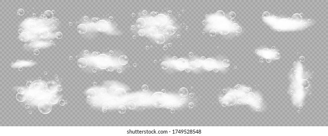 Beautiful foam and bubbles on a transparent background. Vector shave, foam mousse with bubbles top view template for your advertising design.