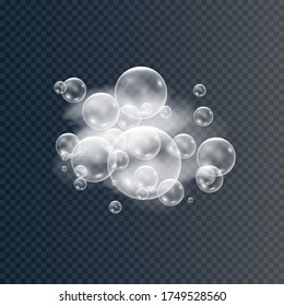 Beautiful foam and bubbles on a transparent background. Vector shave, foam mousse with bubbles top view template for your advertising design.