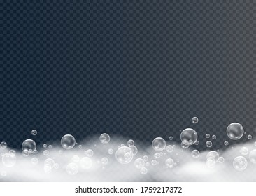 Beautiful foam and bubbles on a transparent background. Vector shave, foam mousse with bubbles top view template for your advertising design.