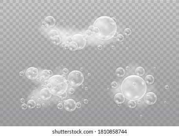 Beautiful foam and bubbles on a transparent background. Vector shave, foam mousse with bubbles top view template for your advertising design.