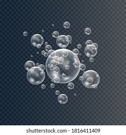 Hermosa espuma y burbujas sobre un fondo transparente. Sombreado vectorial, mousse de espuma con plantilla de vista superior de burbujas para su diseño publicitario.