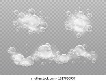 Beautiful foam and bubbles on a transparent background. Vector shave, foam mousse with bubbles top view template for your advertising design.