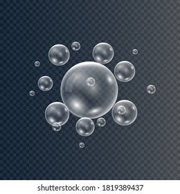 Hermosa espuma y burbujas sobre un fondo transparente. Sombreado vectorial, mousse de espuma con plantilla de vista superior de burbujas para su diseño publicitario.