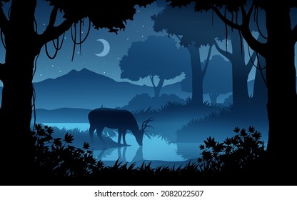 Beautiful foggy night in forest with deer, river and crescent moon