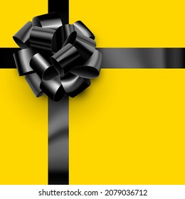 Beautiful foil black bow with ribbon on yellow background. Space for text. Vector illustration.