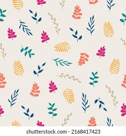Beautiful foliage icon pattern! Vibrant leaves illustration in a seamless pattern on a beige backdrop. Ideal for nature-themed designs and captivating artistic visuals