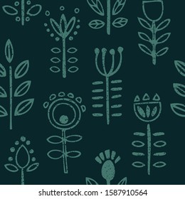 Beautiful folk art flowers in an elegant scandinavian seamless pattern in teal colors, perfect to use on the web, or in print, for surface design, fabric, banners, backgrounds.