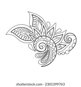 Beautiful Folkloric Indian Paisley Swirl, Nature Inspired Design Element. Ornate Abstract Pattern. Ethnic Motif, Floral Style. Vector Illustration. Coloring Book Page