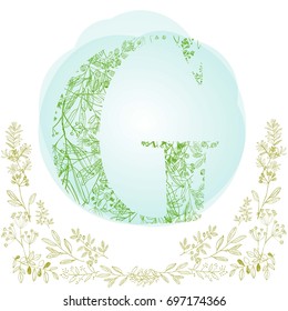 Beautiful font G in nature style, Made from leaves and grass, hand drown, vector