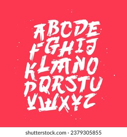 Bella fuente inspirada en Japón. Letras mayúsculas del alfabeto inglés, dibujadas con un pincel a mano. Dejando. Alfabeto vectorial sobre un fondo rojo.