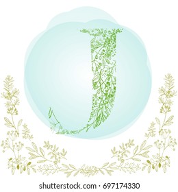 Beautiful font J in nature style, Made from leaves and grass, hand drown, vector