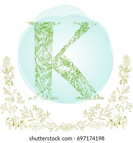 Beautiful font K in nature style, Made from leaves and grass, hand drown, vector