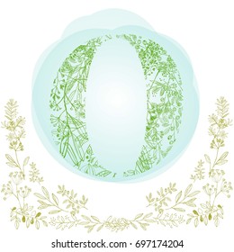 Beautiful font O in nature style, Made from leaves and grass, hand drown, vector