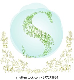 Beautiful font S in nature style, Made from leaves and grass, hand drown, vector