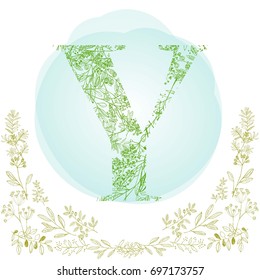 Beautiful font Y in nature style, Made from leaves and grass, hand drown, vector
