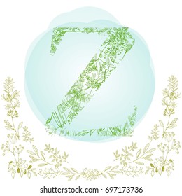 Beautiful font Z  in nature style, Made from leaves and grass, hand drown, vector