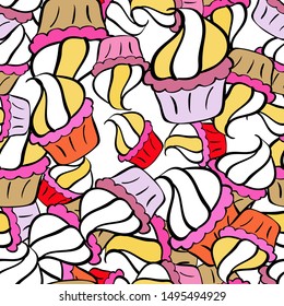 Beautiful food design elements, perfect for prints and patterns. Seamless pattern with hand drawn delicious cupcakes on black, white and pink. Vector illustration.