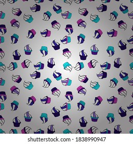 Beautiful food design elements, perfect for prints and patterns. Seamless pattern with hand drawn delicious cupcakes on black, blue and white. Vector illustration.