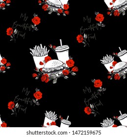Beautiful food seamless. Fashion fastfood pattern with flowers. Stylish modern textile design. Vector fashion sketch. White background. Vintage fabric print.