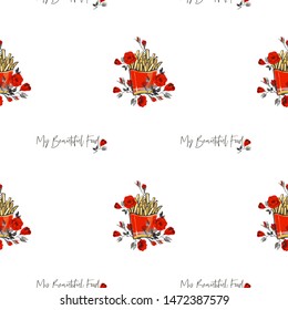 Beautiful food seamless with fastfood french fries and flowers. Stylish modern textile design. Vector fashion sketch. White pattern background.