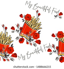 Beautiful food seamless with fastfood french fries and flowers. Stylish modern textile design. Vector fashion sketch. White pattern background.