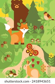 Beautiful forest background with animals, plants, trees, bird, butterfly. Geometric pattern with cute hare, fox, bear and bird, trees and leaves. Wild nature flora and fauna