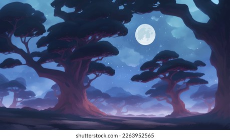 Beautiful Forest with Big and Old Trees During Night with Visible Moon Detailed Hand Drawn Painting Illustration