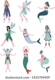 Beautiful Forest Fairies, Nymphs, Mermaids, Sirens Set Vector Illustration