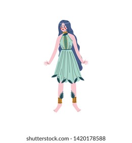 Beautiful Forest Fairy or Nymph, Blue Haired Girl in Green Dress Vector Illustration