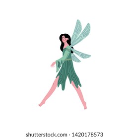 Beautiful Forest Fairy or Nymph with Wings, Pretty Brunette Girl in Green Dress Vector Illustration