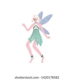 Beautiful Forest Fairy or Nymph with Wings, Pretty Blonde Girl in Green Dress Vector Illustration