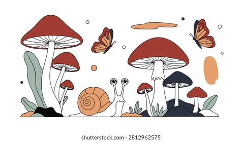 Beautiful forest floor setting with red mushrooms, green leaves, a slow crawling snail, and two colorful butterflies.