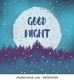 Beautiful forest landscape with fir trees in the fog. Good night . Vector illustration