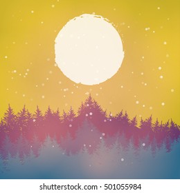 Beautiful forest landscape with fir trees, the fog. Vector illustration