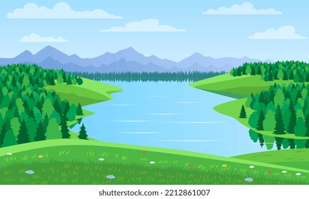 beautiful forest landscape. Natural panorama with green trees, hills, mountains, lake or river valley. Summer season in Alps. Design element for poster or banner. Cartoon flat vector illustration