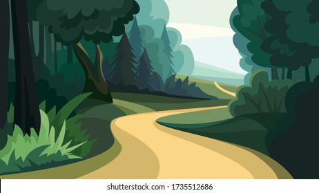 Beautiful forest landscape. Natural scenery in cartoon style.