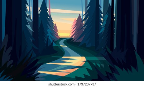 Beautiful forest landscape. Natural scenery in cartoon style.