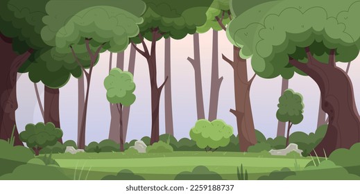 Beautiful forest landscape. Panoramic nature scene, trees in summer and spring, meadow in evening or daytime. Field in lawn, idyll and nature, outdoor. Cartoon flat vector illustration
