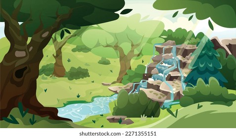 Hermoso paisaje forestal. Bosque de verano con árboles, hierba verde en los campos, cascada y río. Ambiente o naturaleza en las vigas de sol. Panorama con robles y arbustos. Dibujo vectorial plano de dibujos animados