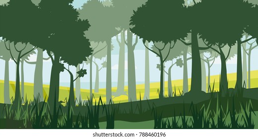 Beautiful forest landscape, trees, silhouette, cartoon style, vector, illustration, isolated